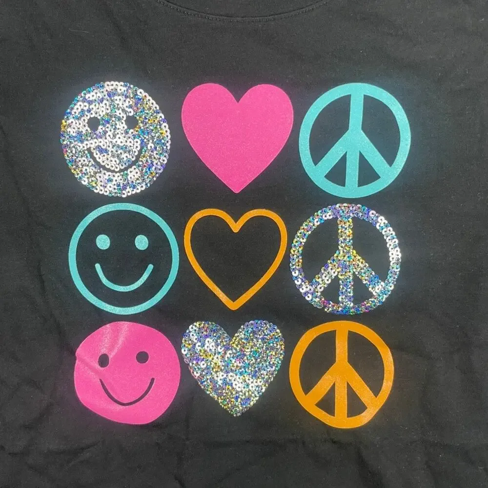 The Children's Place Girls XXL Hippie Happy Face Love Black Short Sleeve Shirt